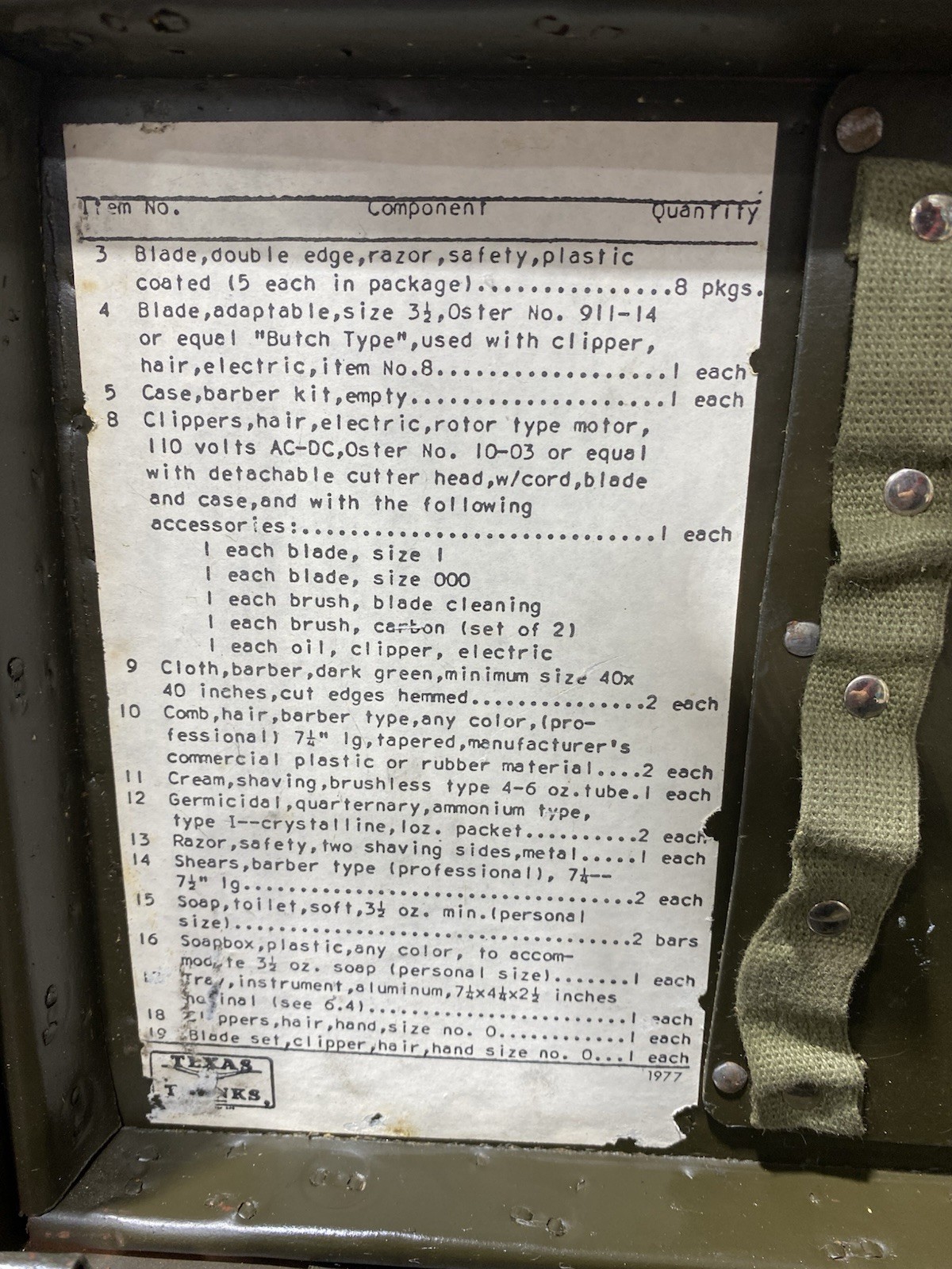 US Army Barber Kit Case NSN 3590-00-058-1837