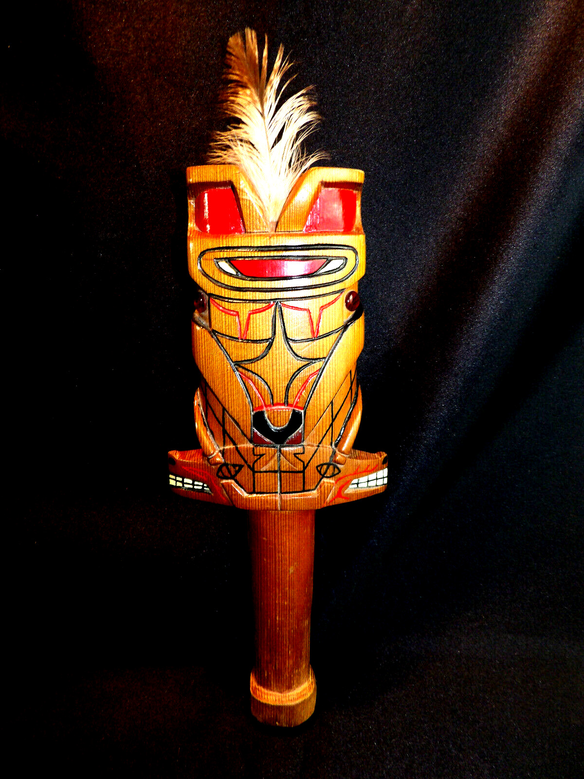 NW Coast Native American Hand Carved Cedar Rattle Wolf Shaman