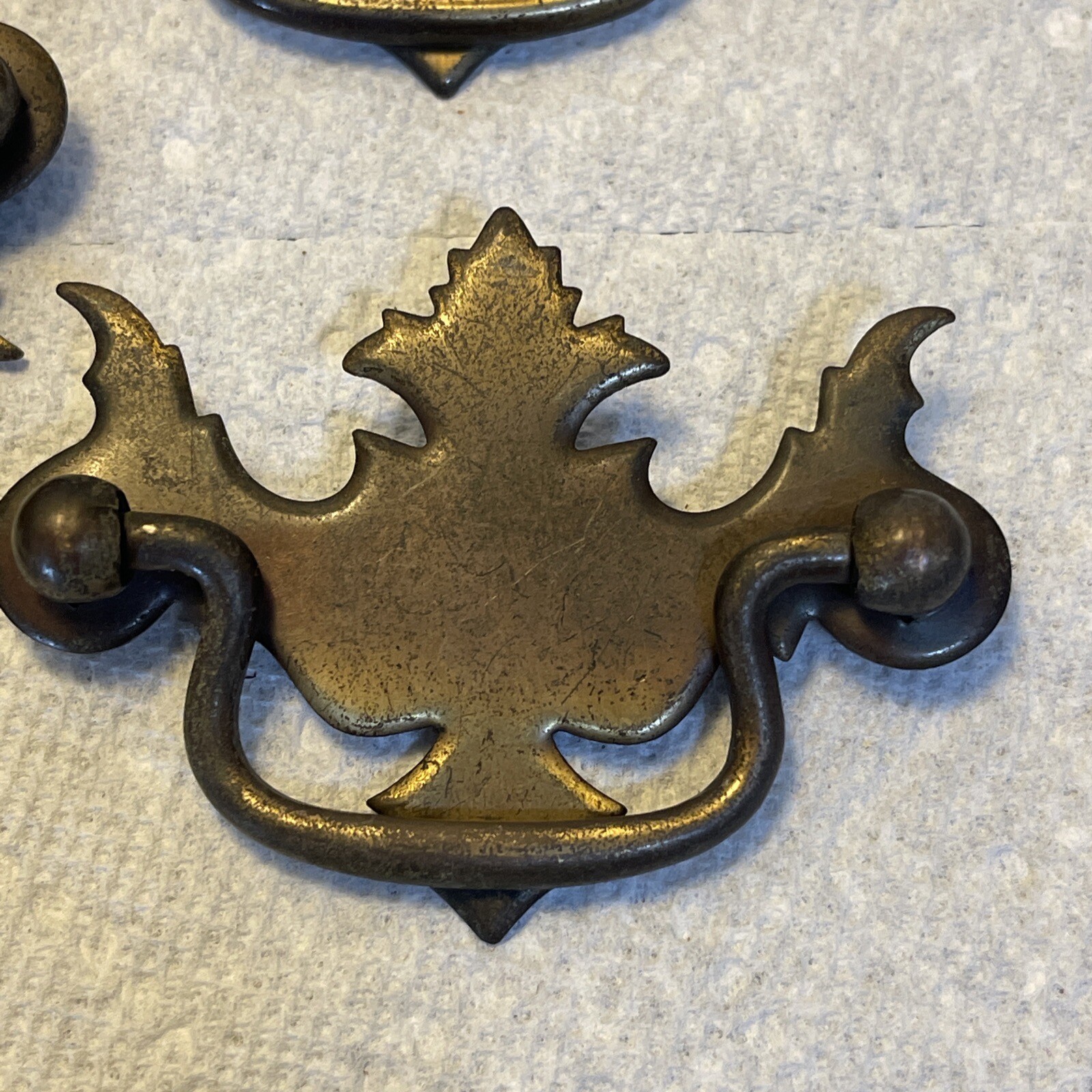 9 Colonial Chippendale Style Drop Pull Drawer Handles Brass Patina Vintage