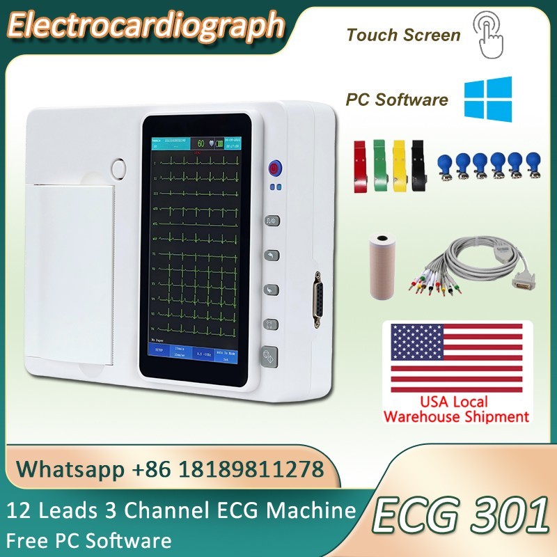 USA Stock 3 Channel 12 Lead 7 Inch Touch Screen ECG EKG Machine With PC software