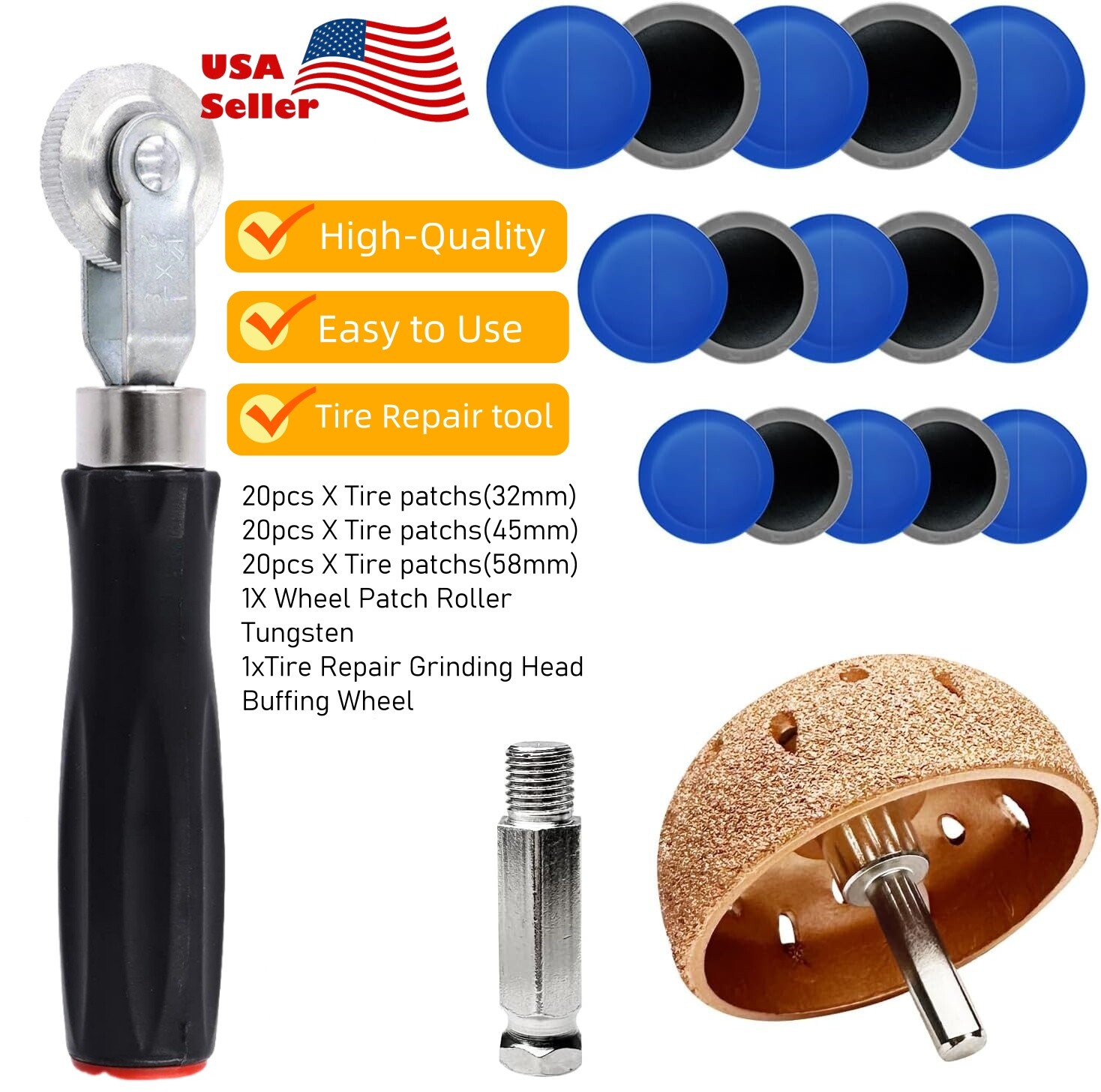 62pcs Tire Repair Patch Tool Kit Tire Repair Patch Roller Tool+Tire Buffer Wheel