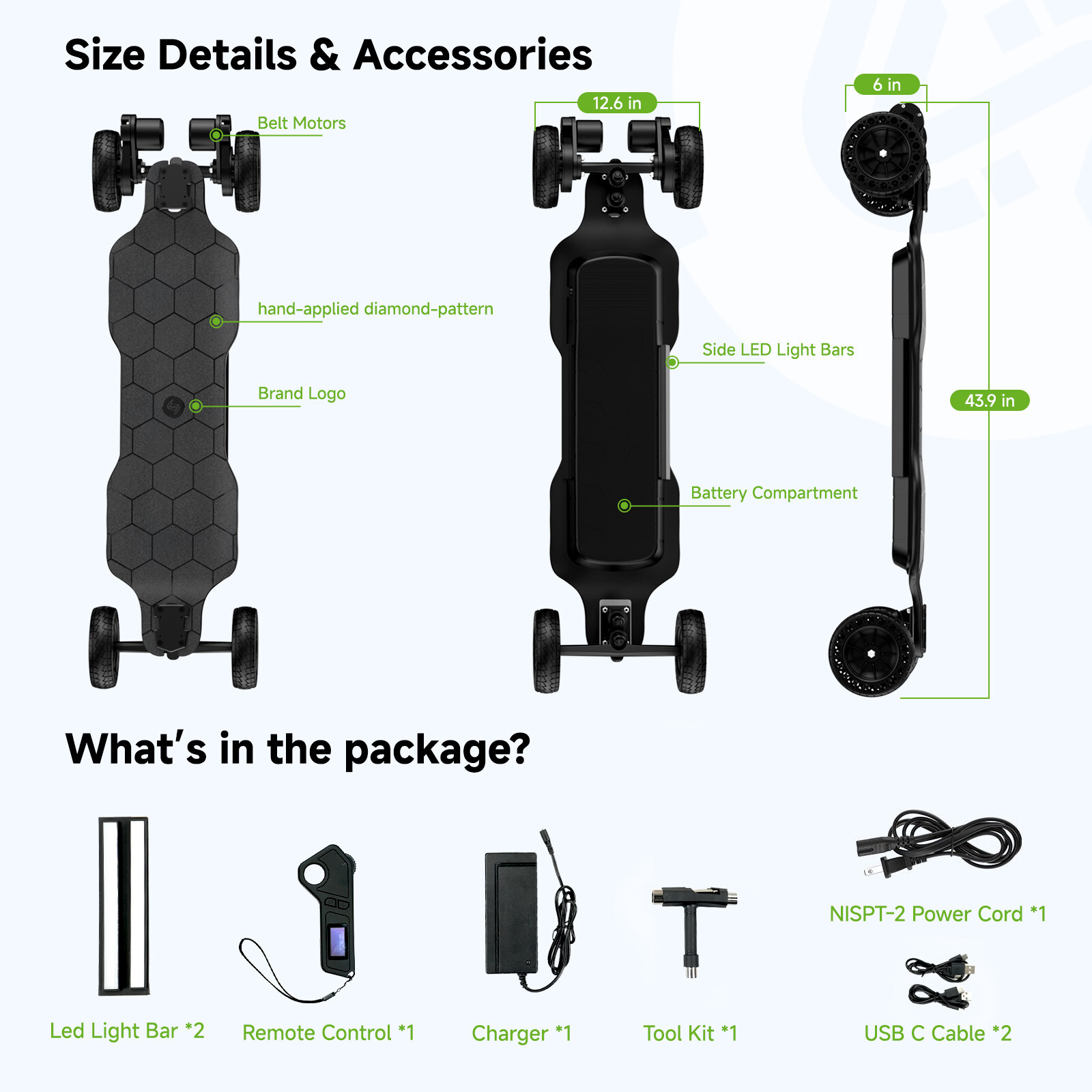 Electric Skateboard Longboard 3000W 32 MPH W/ Ambient Light & Remote Control US