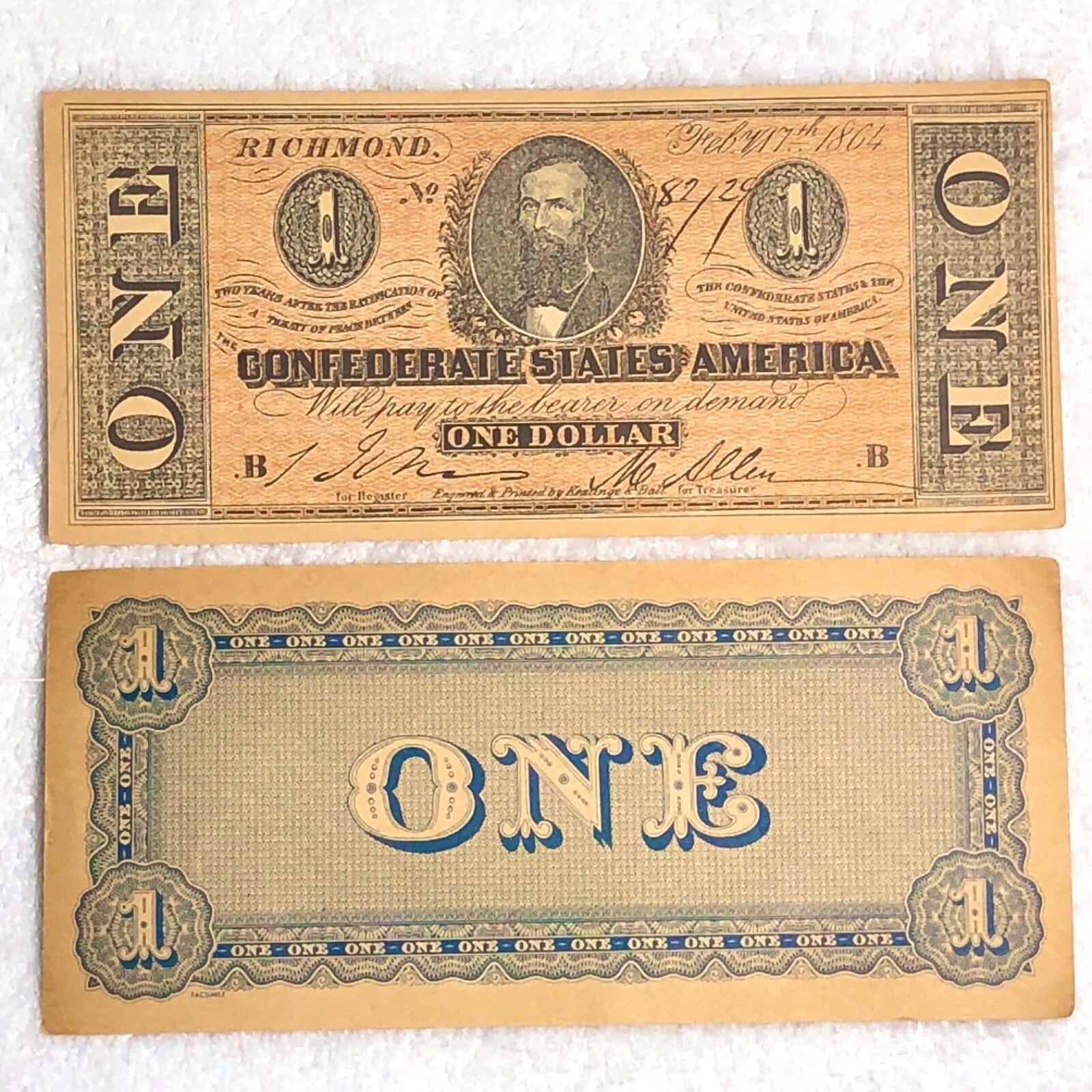 Confederate States of America 1864 One Dollar Bill Reproduction Money Poor Condi