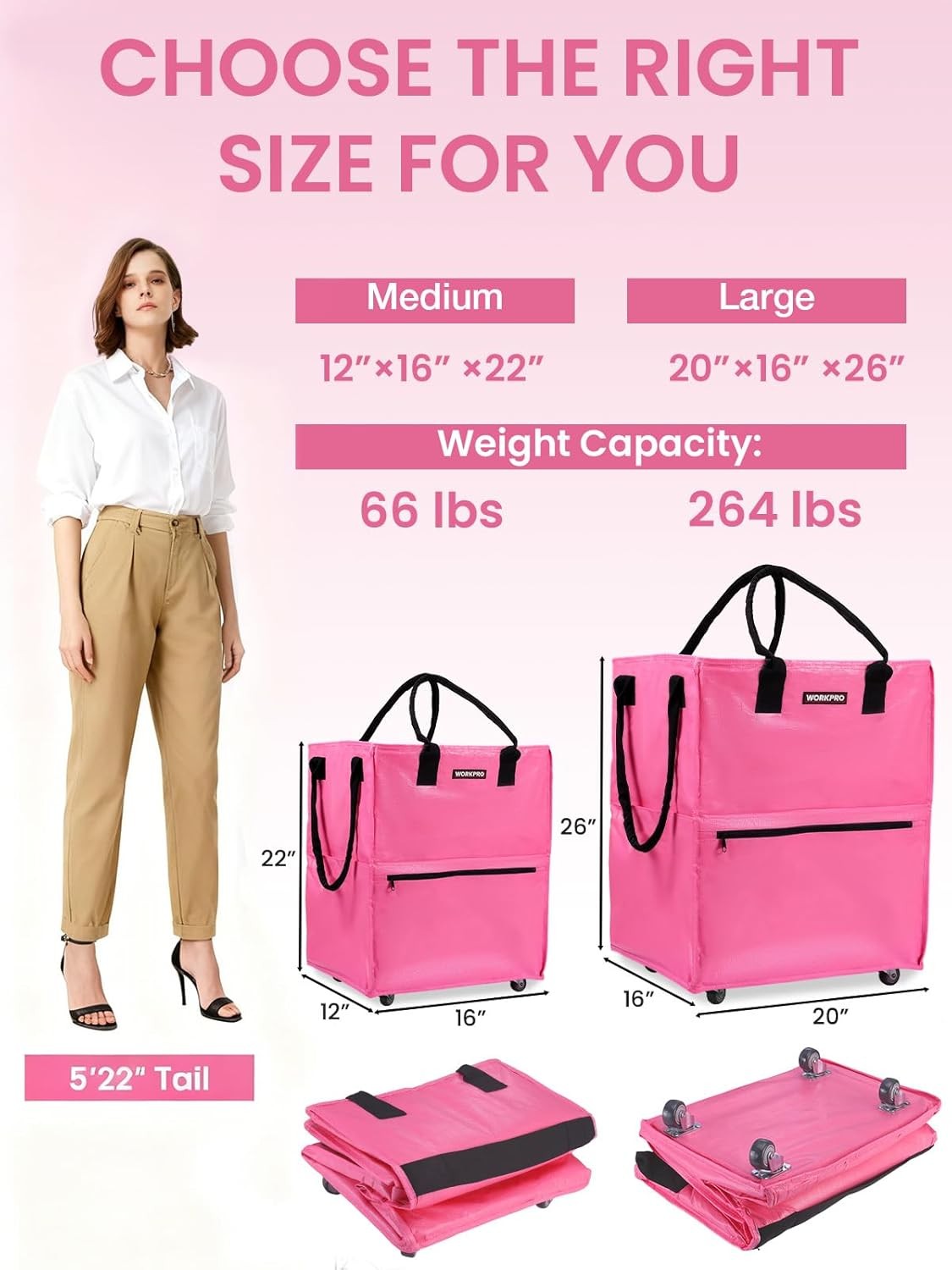 WORKPRO Medium Heavy Duty Reusable Grocery Bag 4 Caster Wheels Rolling Shop Tote