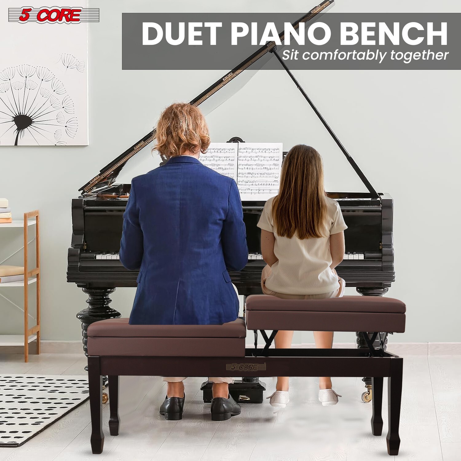 5Core Professional Double Duet Piano Bench Soft Padded Seat Wood Chair w/Storage