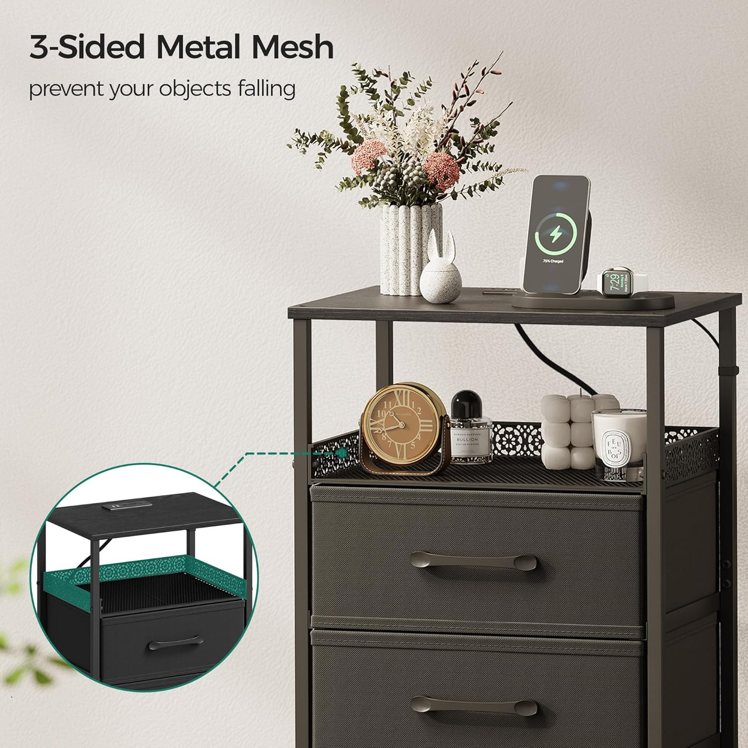 Nightstand Set of 2 with Charging Station, Night Stands with LED Lights, 26.4 In