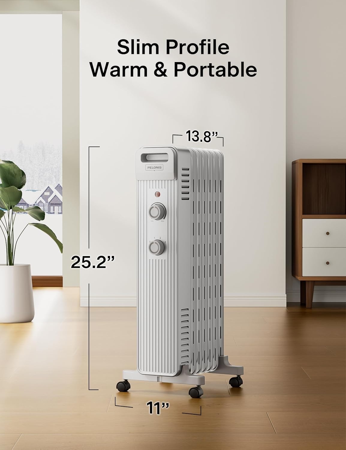 Pelonis PSH007JM1AWW 1500W Oil Filled Radiator Space Heater, White