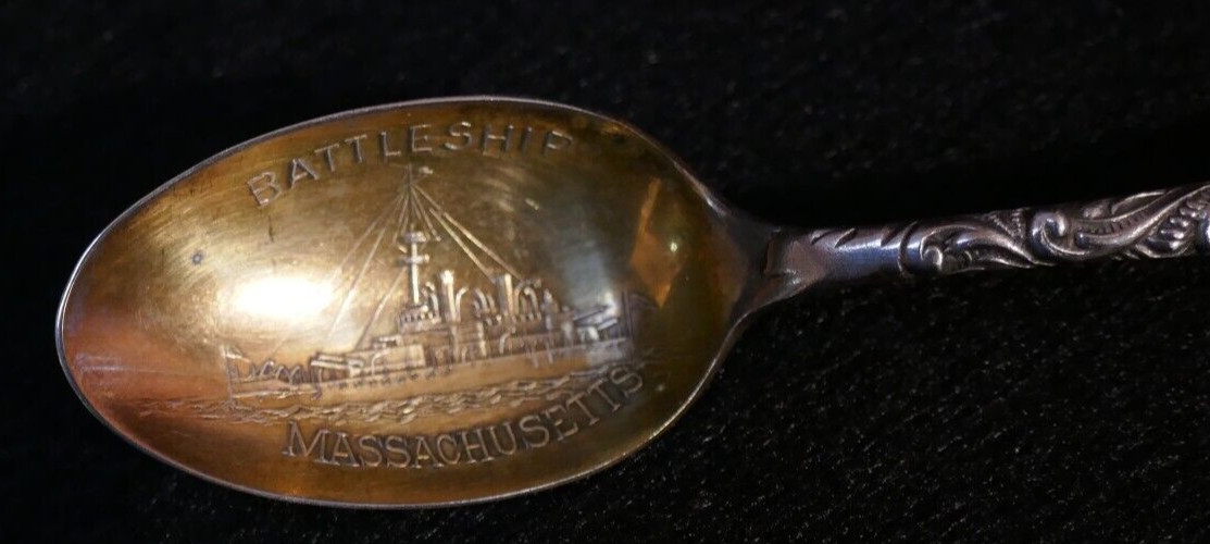 Span Am War Battleship Massachusetts Souvenir Spoon 4.5" Extra Coin Silver Plate