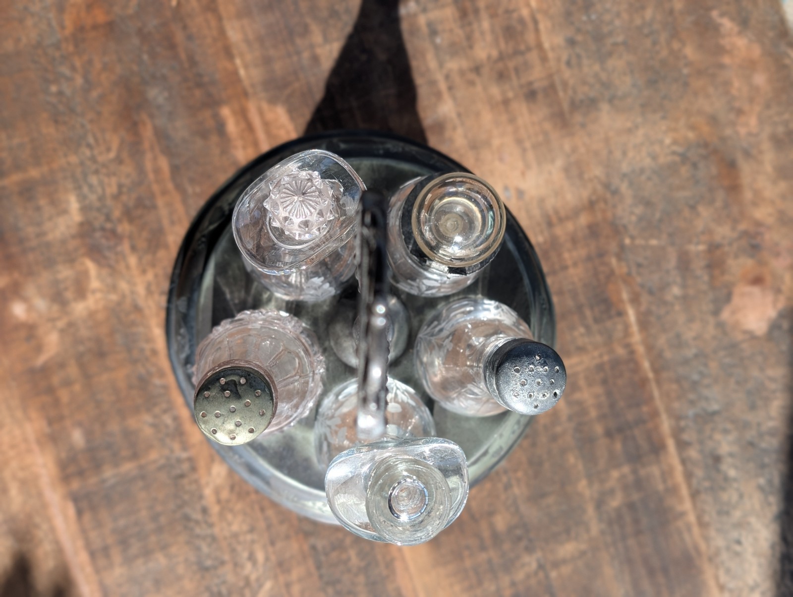 Antique Victorian Silverplate 7-piece Rotating Condiments Cruet Set w/Stoppers