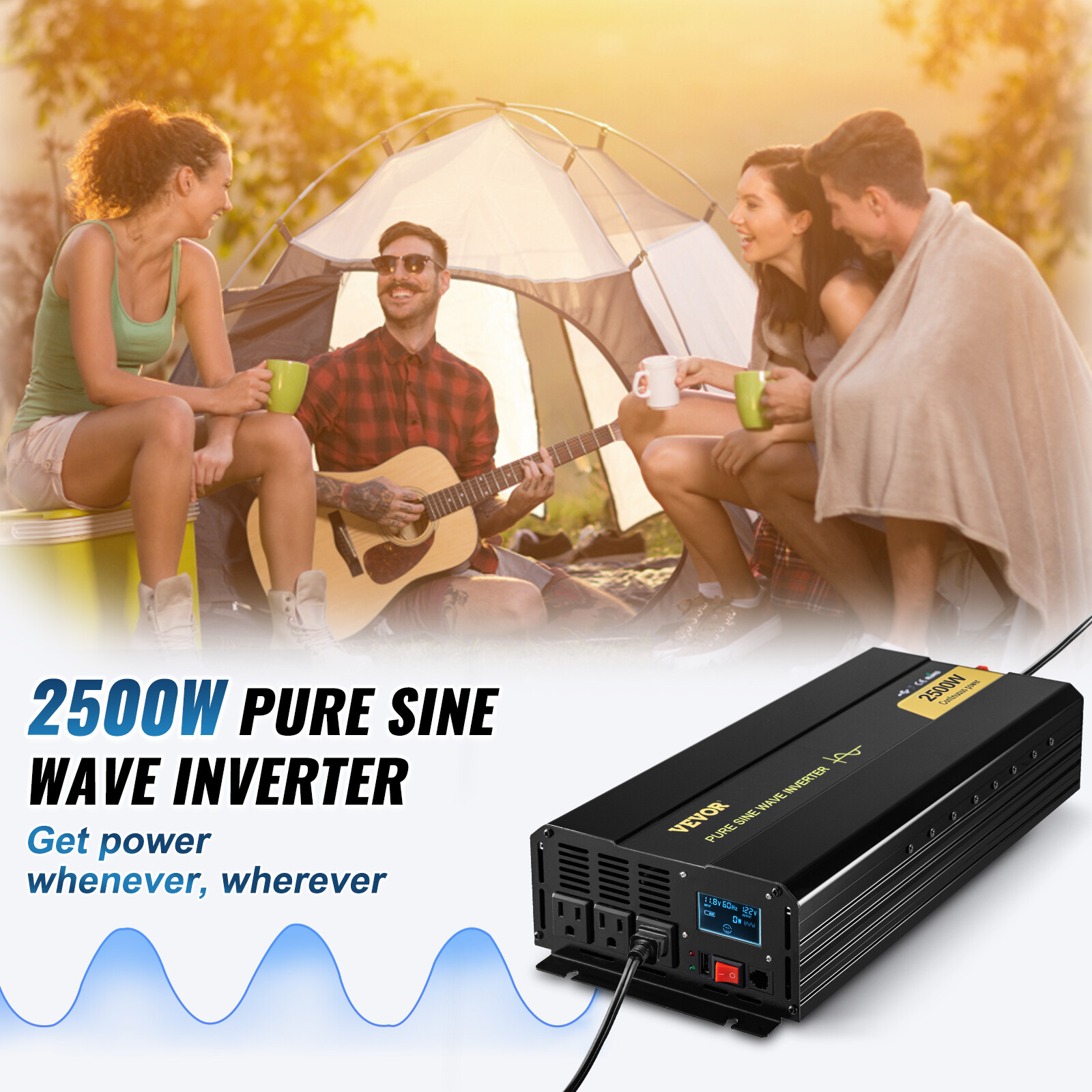 VEVOR Pure Sine Wave Inverter Power Inverter 2500W DC12V to AC120V Inverter LCD