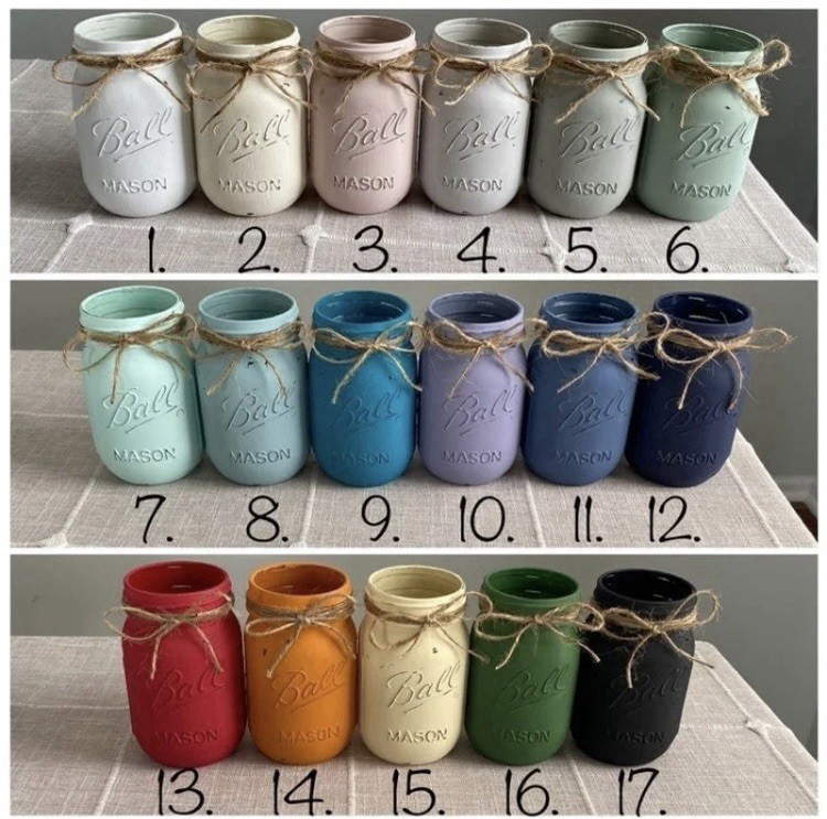 Set of 6 chalk painted distressed mason jar vases w/faux flowers included