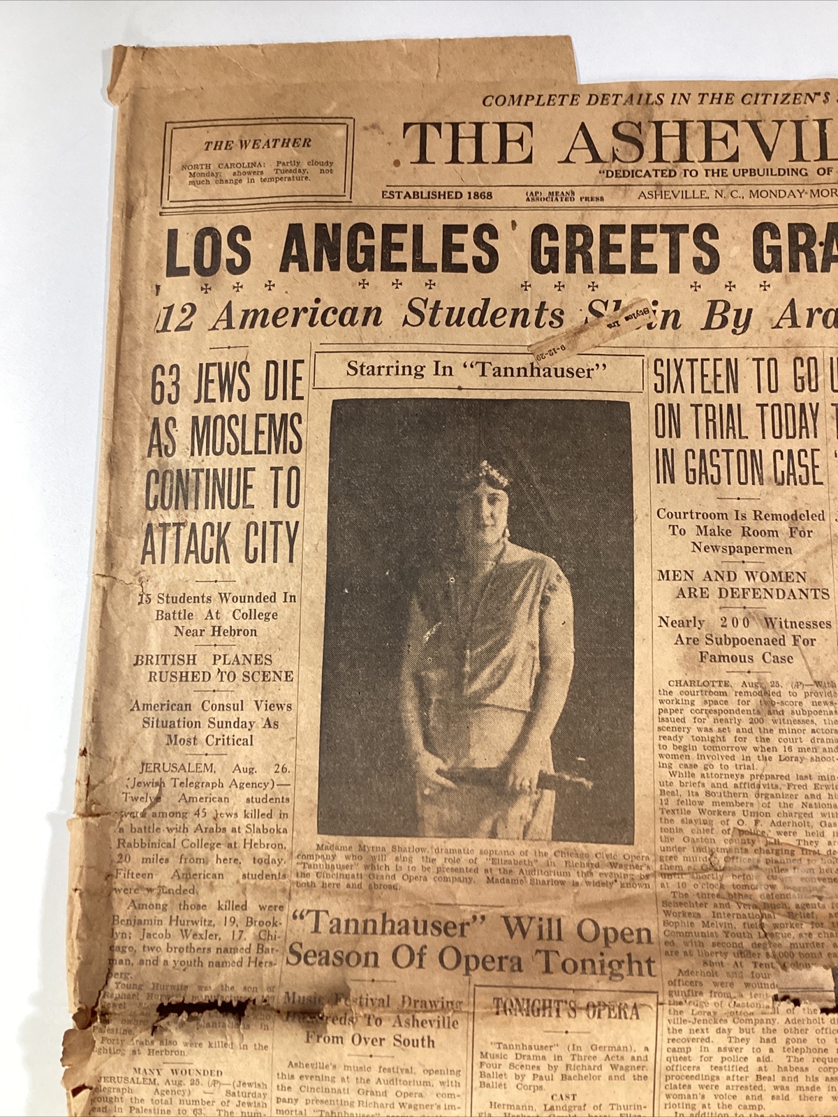 Ashville NC Newspaper Aug 26, 1929 Opera Zeppelin Israel Uncle Remus Great Ads!