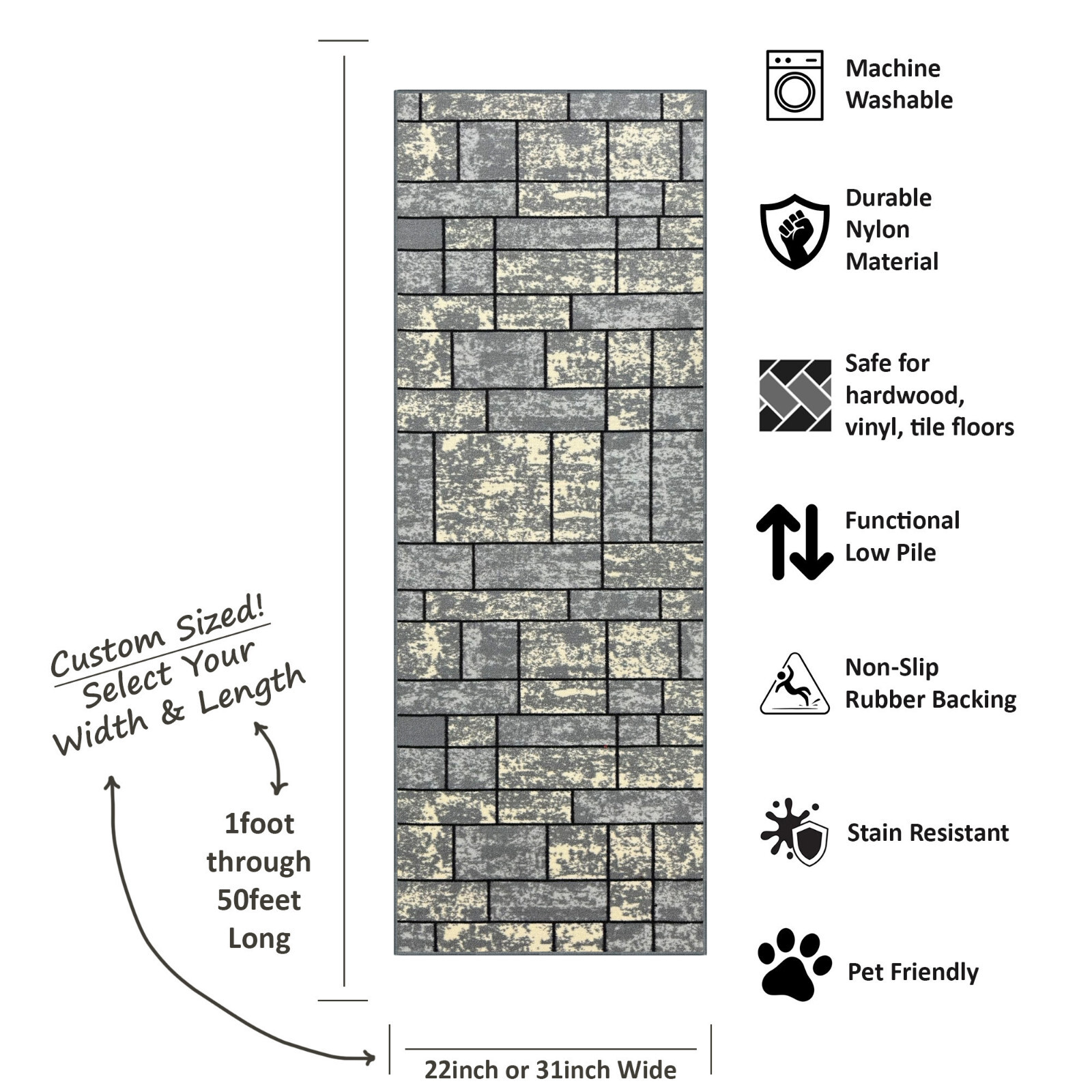 Custom Size Stair Hallway Runner Rug Non Slip Rubber Back Grey Ivory Tiles 3D