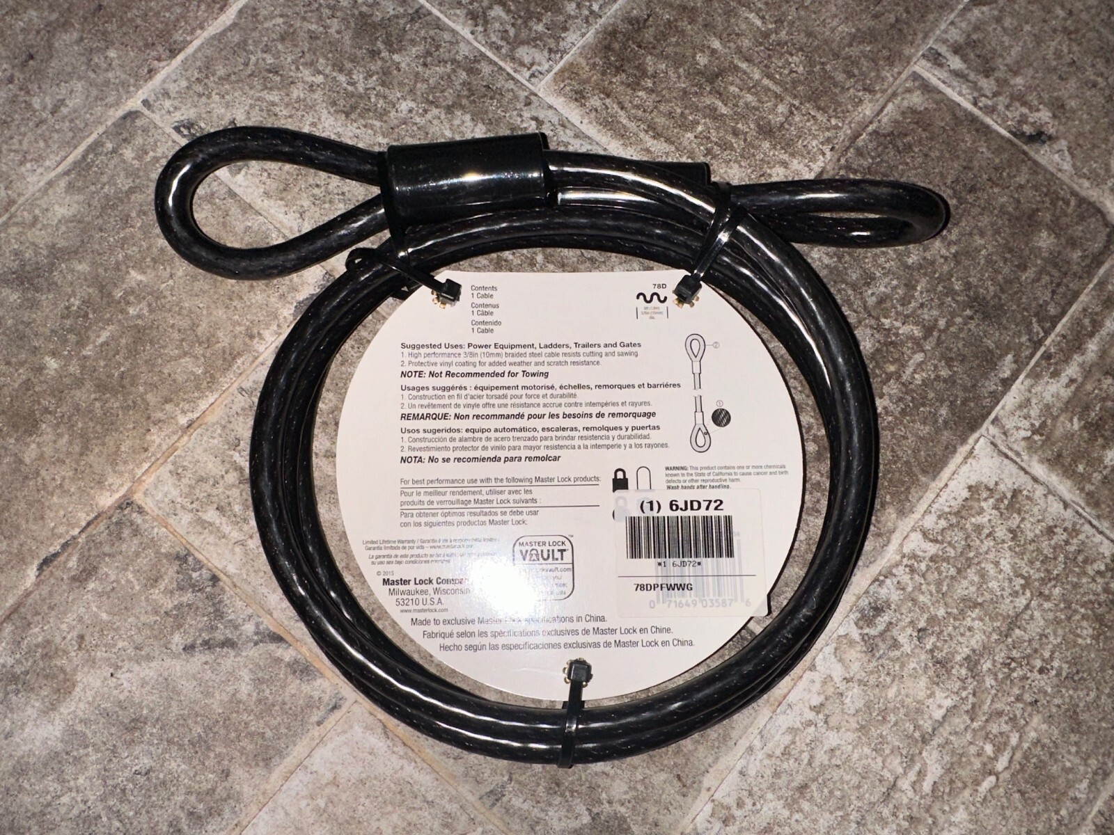 BRAND NEW - LM Master Lock 78D 6ft Braided Steel Looped End Cable Bike Lock