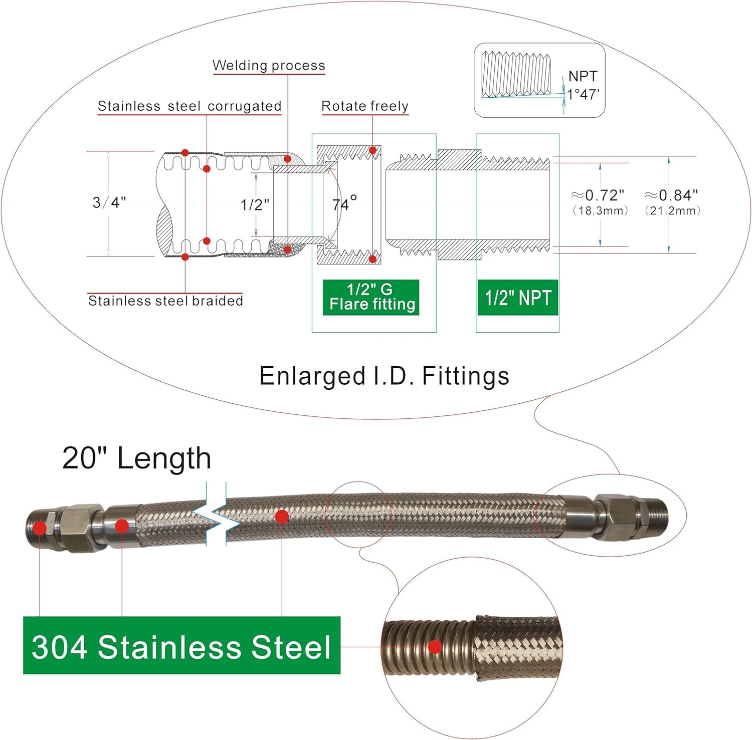 Industrial Compressor Stainless Steel Hose 1/2" NPT Male x 20" L 750°F 450PSI
