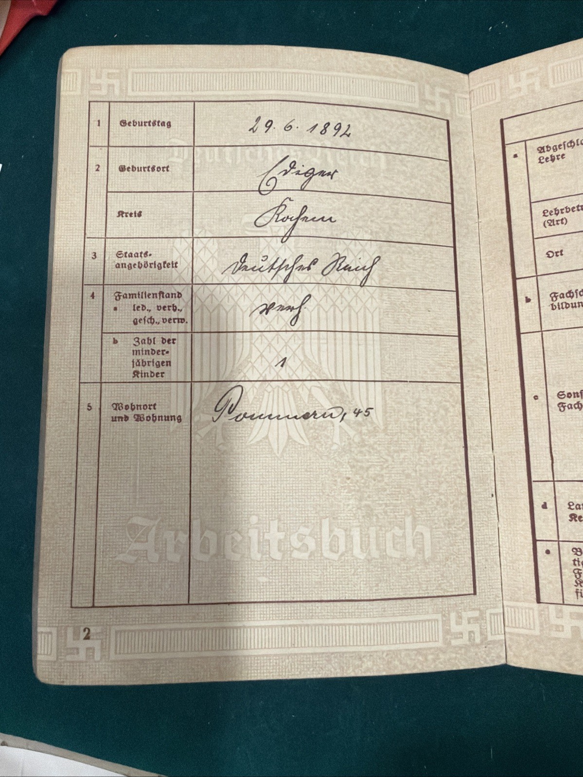 Original VTG before WWII German Arbeitsbuch Work Book