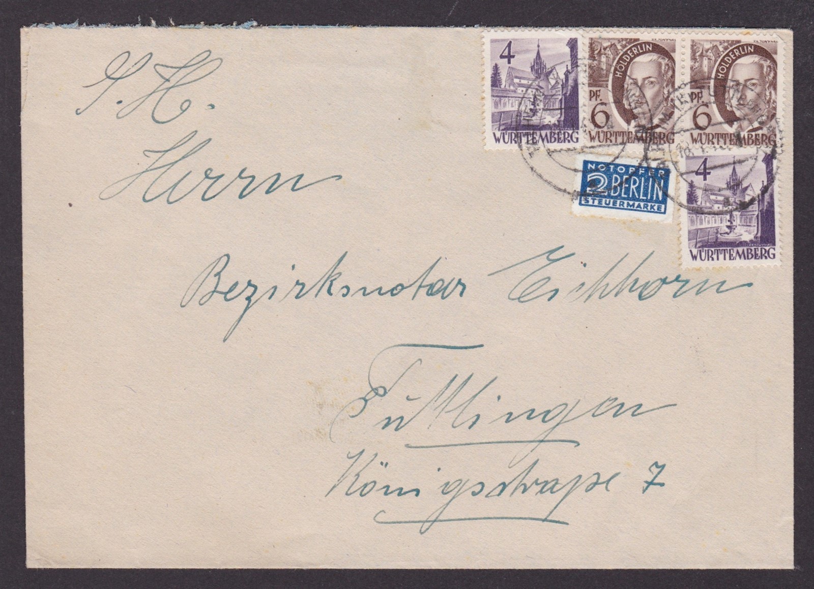GERMANY 1949 Württemberg French zone, Cover from Tuttlingen