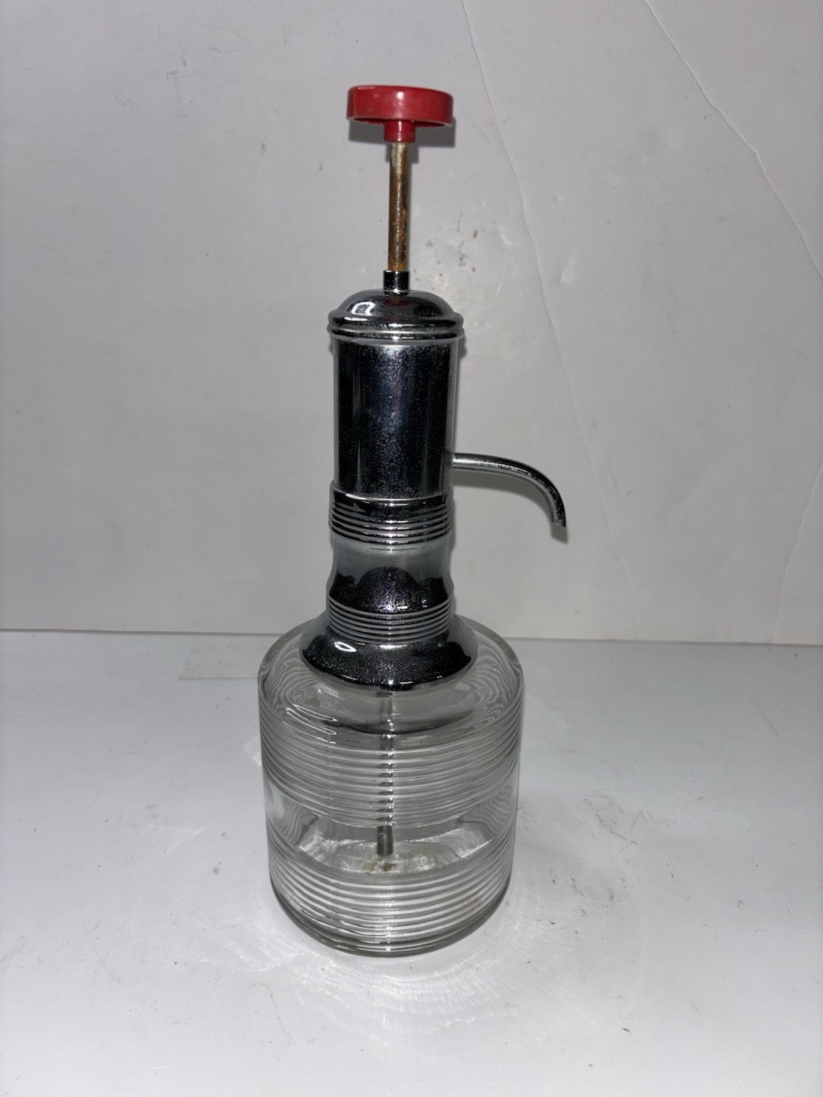 Retro Vintage MCM Liquor Dispenser Chrome & Glass Red Resin ~ Bar Decor