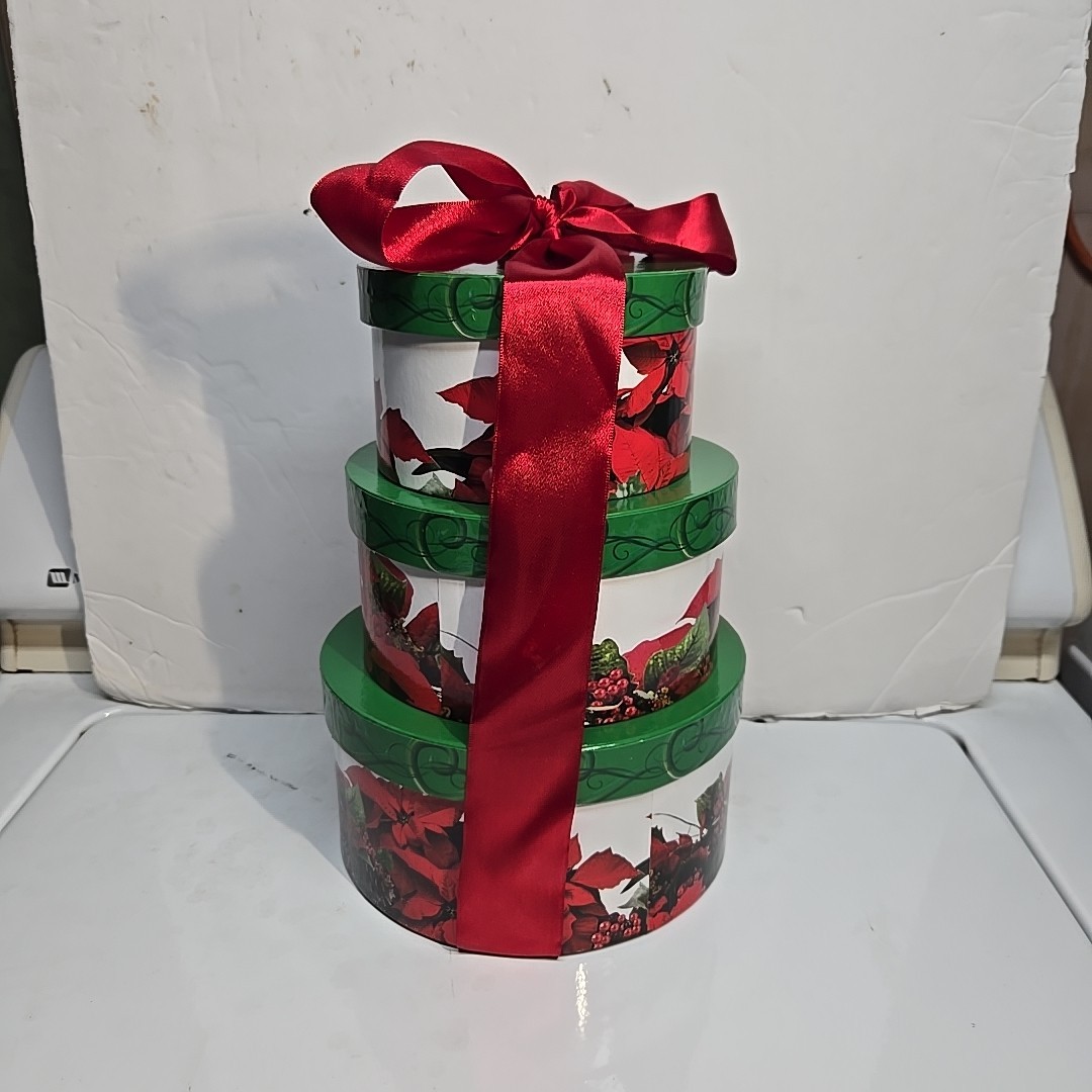 3 Christmas Nesting Gift Boxes Round Pointsettia Stackable Boxes Red Ribbon Tie