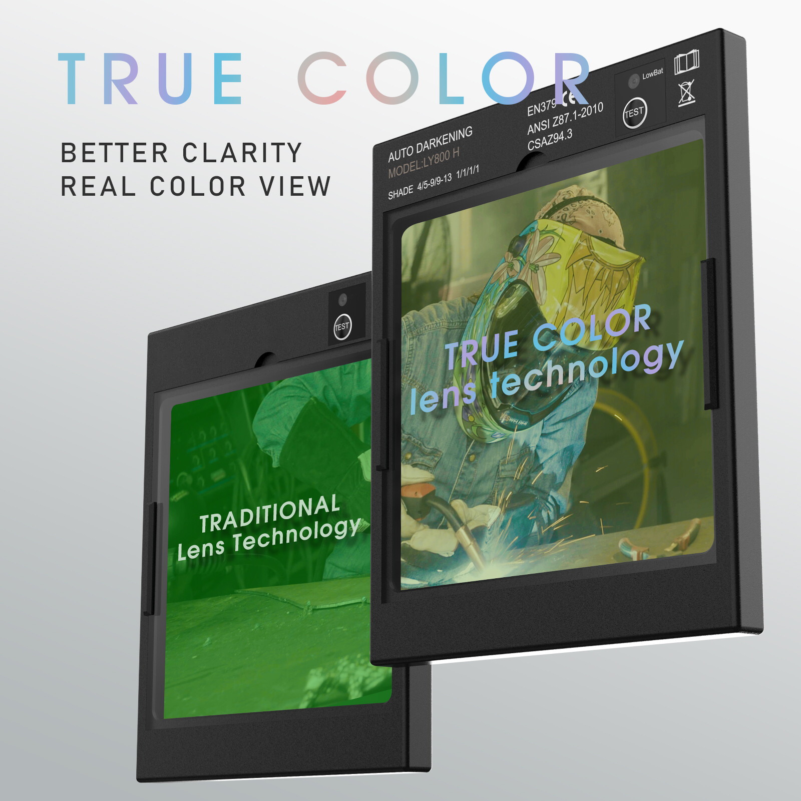 Large Viewing Screen True Color Auto Darkening Welding Helmet, 4 Arc Sensor