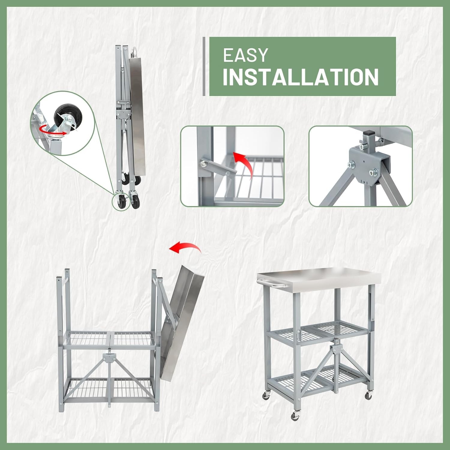 3-Tier Stainless Steel Rolling Utility Cart, 300 LBS Foldable Service Table