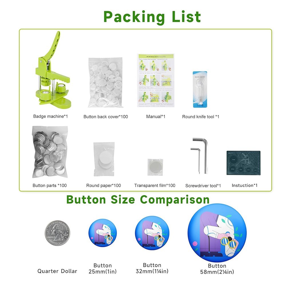 32mm 1.25 Inch Button Maker With 100 Button Supplies Pin Badge Press Machine Kit