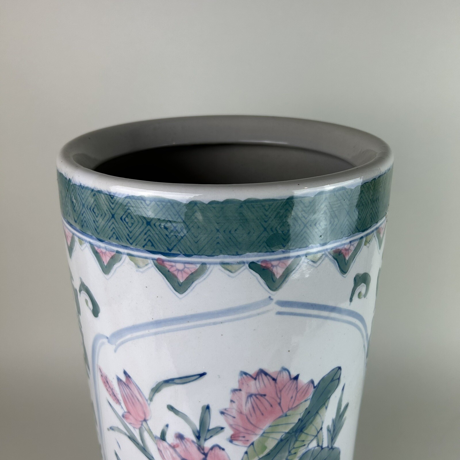 Vintage Ceramic Umbrella Stand 18” Asian Design Floral Birds Flowers