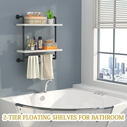 Helsin 24in Industrial Pipe Shelving, 2 Tier Rustic Wood Floating Bathroom