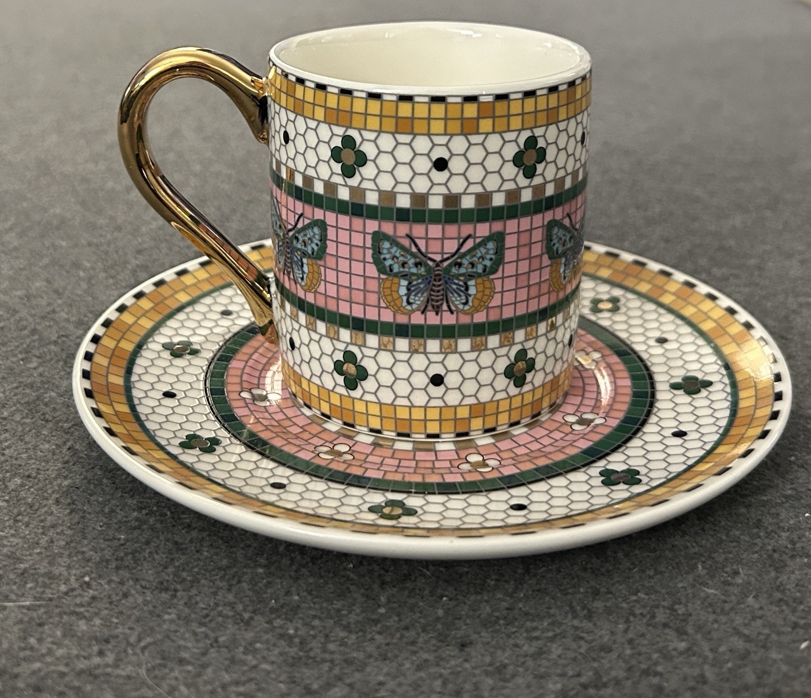 Anthropologie Bistro Tile Espresso Cup Saucer Set Pink Butterfly 24K Gold NEW