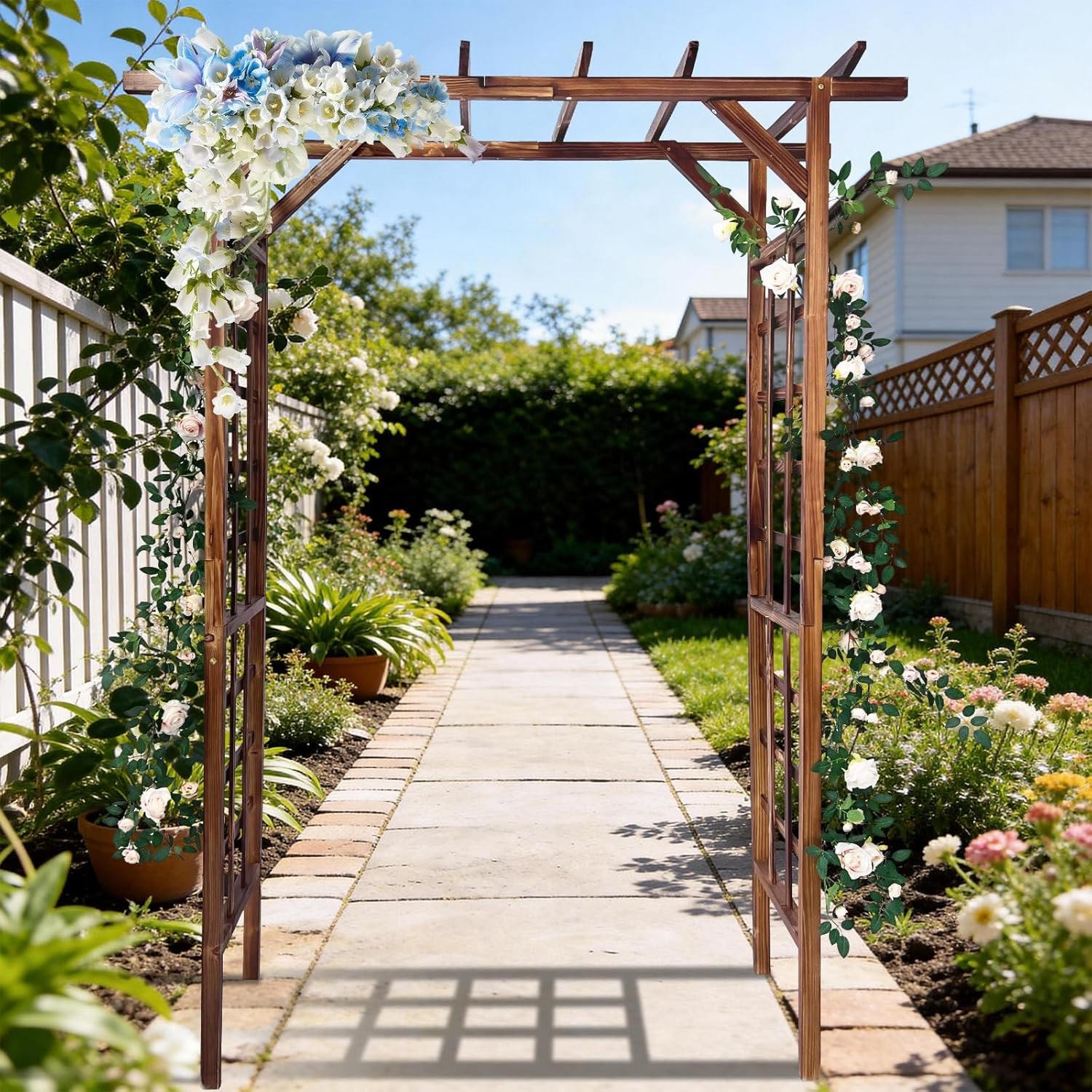 85 Inch Outdoor Wooden Garden Arbor Trellis Flat-Top Pergola for Climbing Plants