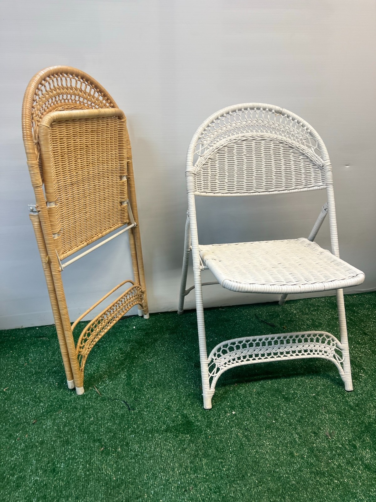Antique White Wicker Folding Chairs Set of 2 for Home Office, Metal Frame
