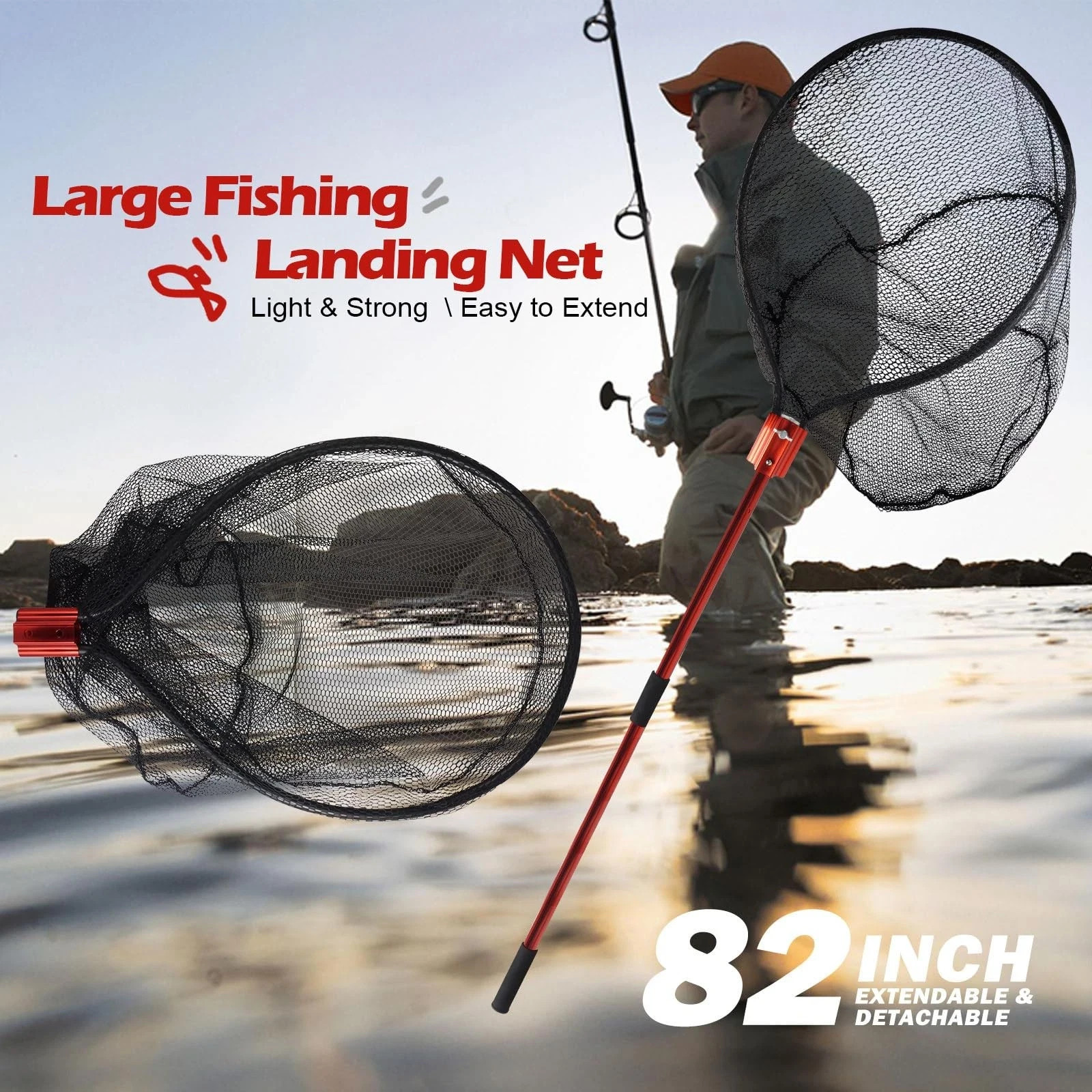 Fish Landing Net with Extendable Aluminum Telescoping Handle, Large Fishing N...