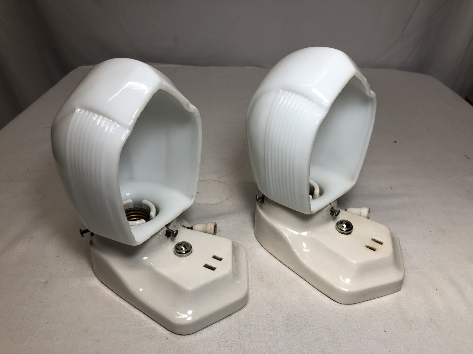 Antique Porcelain Wall Sconce Pair Vtg Light Fixture Ceramic Bath Art USA #L24
