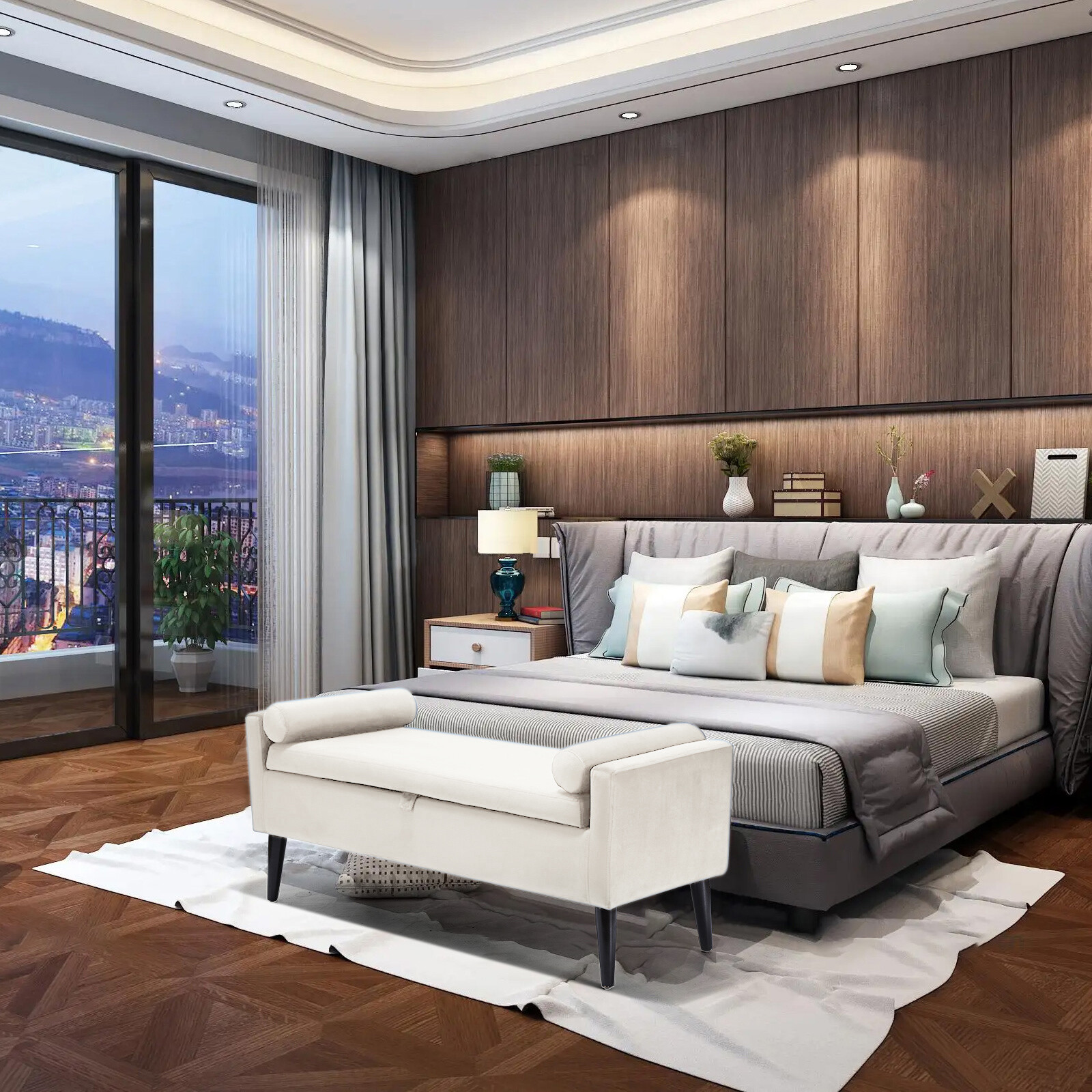 47" Upholstered Storage Ottoman Bedroom Velvet Bench End of Bed + 2PCS Pillows