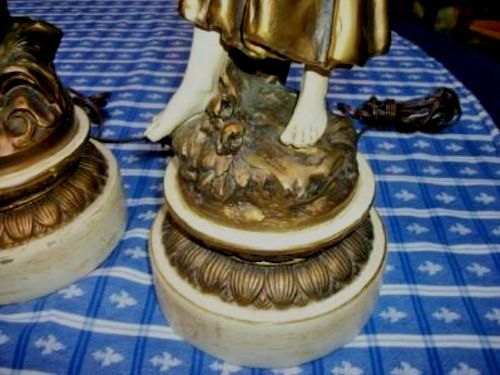 Vintage French Figural Lamps Moreau Fisherman Lady Flower Basket Bronzed Metal