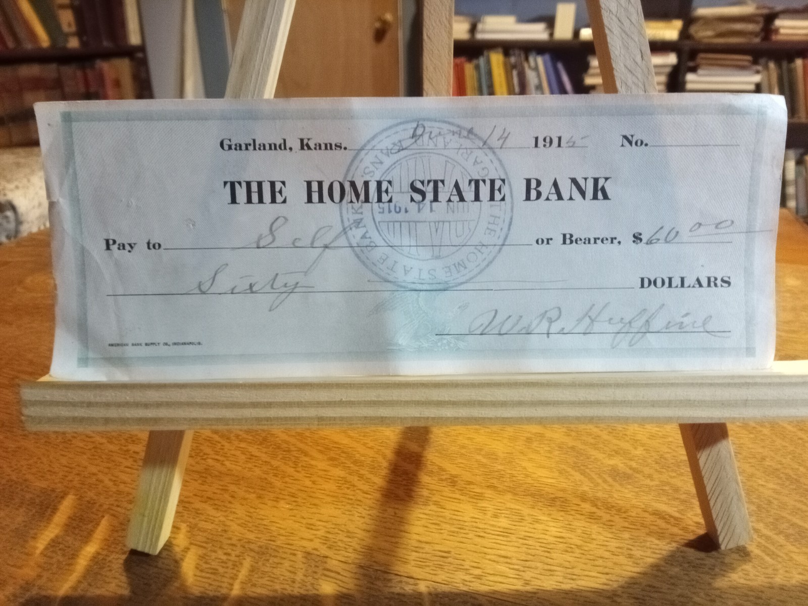 The Home State Bank Garland Kansas Signed Check 1915 $60 Signed Huffine