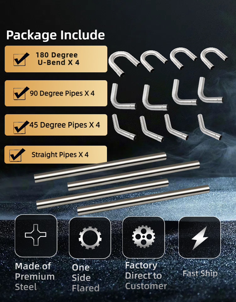 2.5" OD Stainless Mandrel Bend Exhaust Tubing Kit 16PCS T304 Steel Straight Pipe