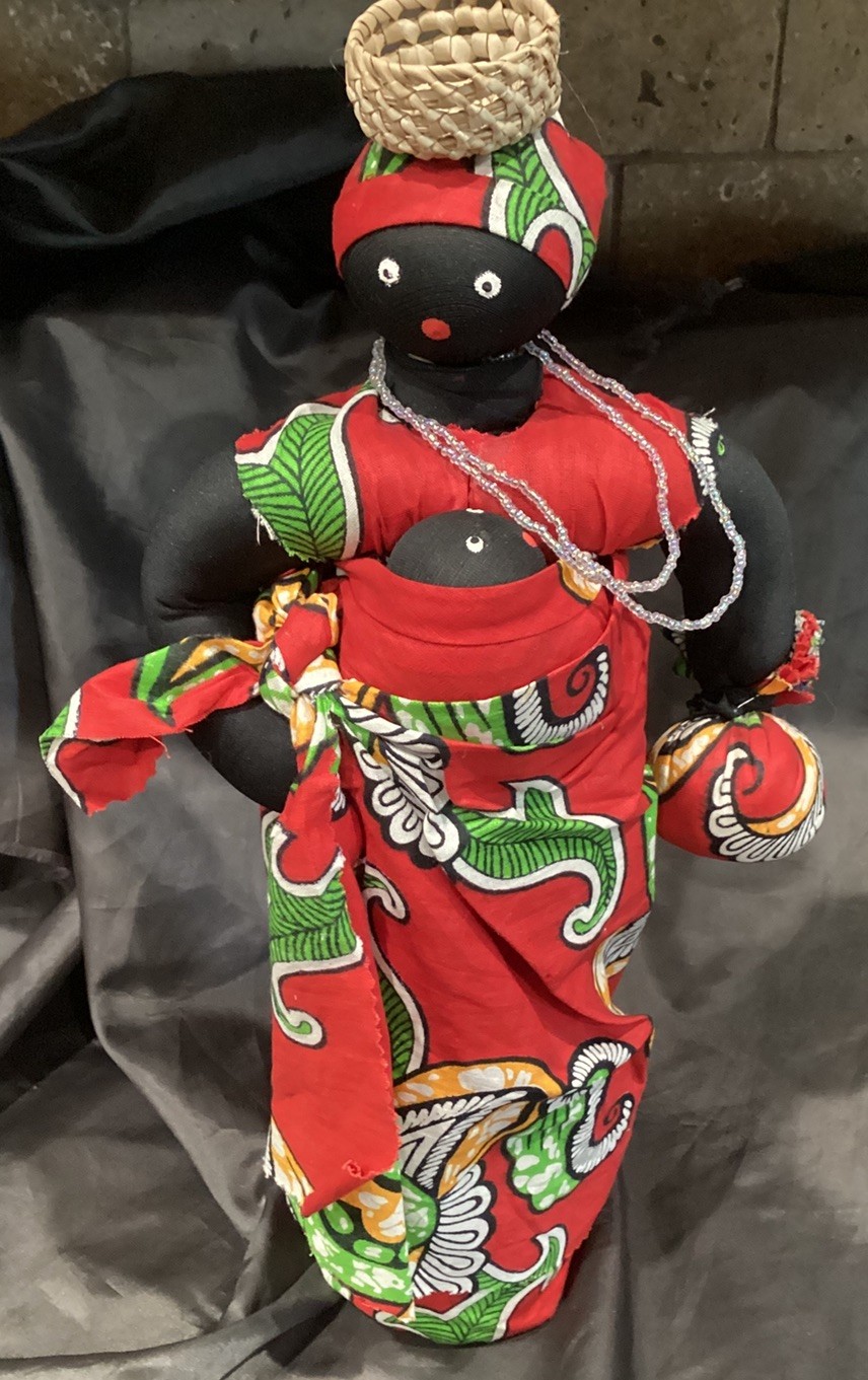 TALL AFRICAN SAHAHA MOTHER N BABY DOLL CLOTH TRIBAL DRESS 16”T W BASKET N BEADS