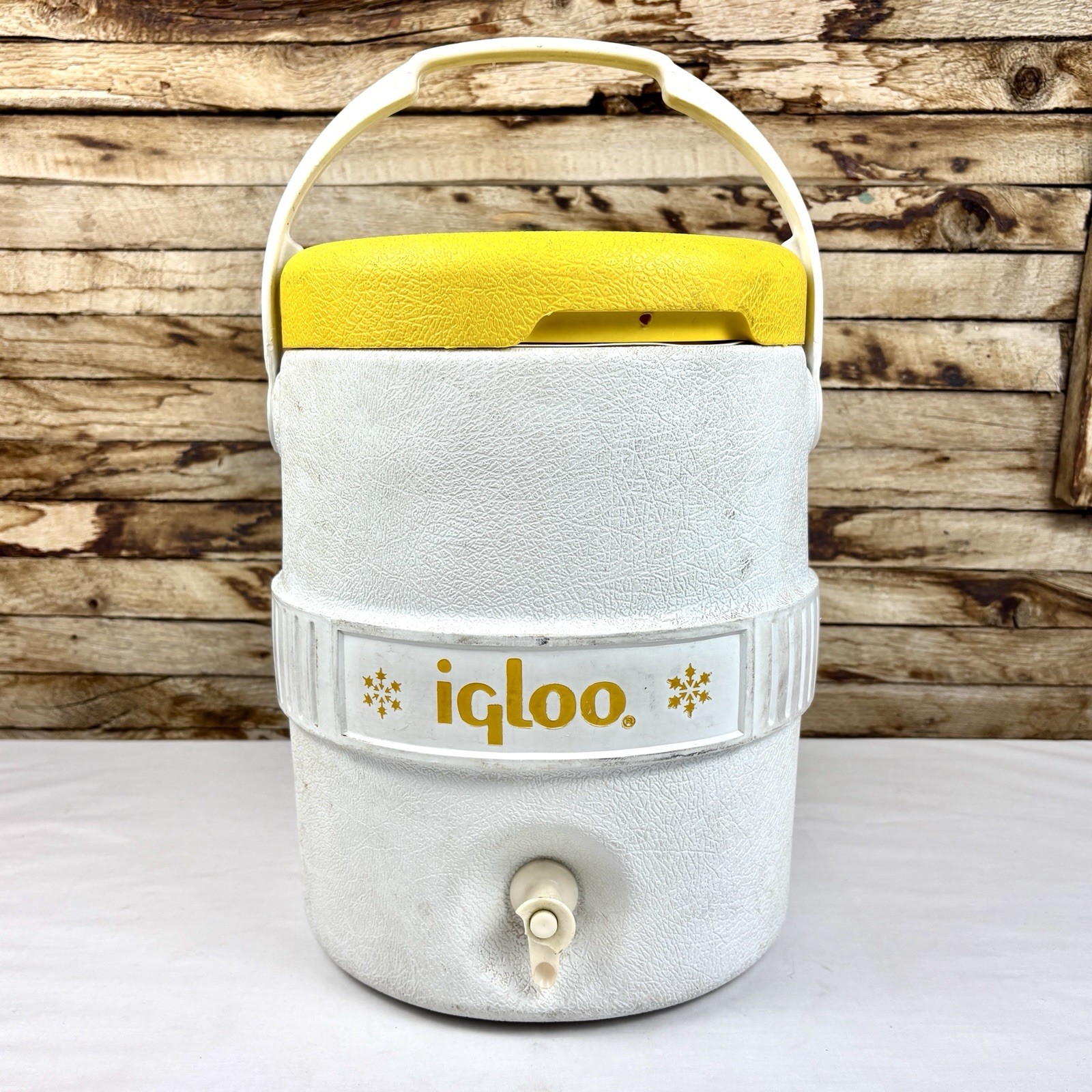 Vintage Igloo 2 Gallon Water Cooler Dispenser Houston TX Yellow White Handle Jug