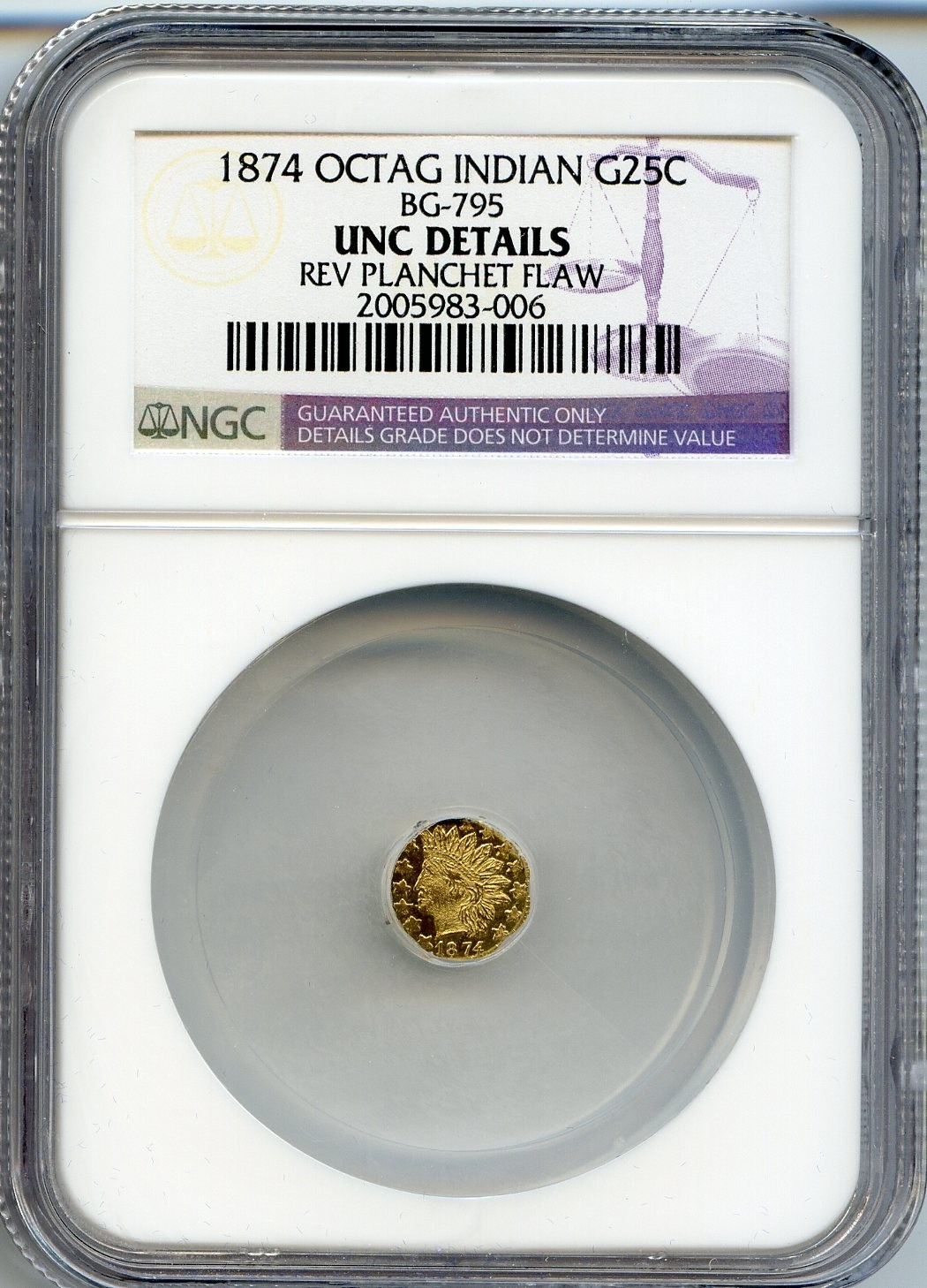 1875 G25C California Fractional Gold / NGC Unc(PL) BG-795 ERROR