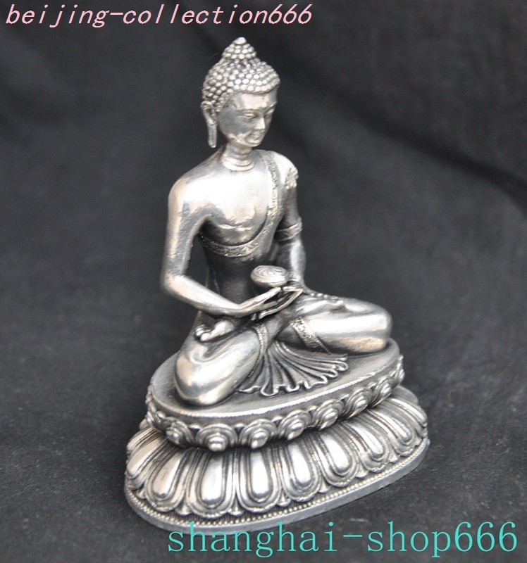 3.8"Xizang Buddhism Tibetan silve Shakyamuni Sakyamuni Shakya Mani Buddha Statue