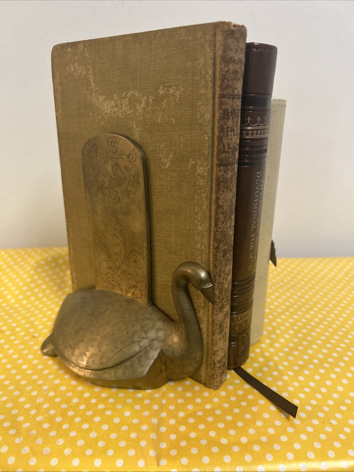 Pair Of Vintage Brass Swan Bookends Chinese Dragon Lotus Flower Carvings Heavy