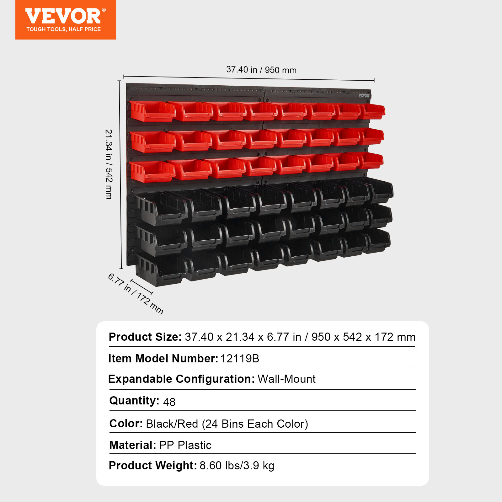 VEVOR Wall Mounted Storage Bins Small Parts Organizer Garage Tool Rack 48 Bins