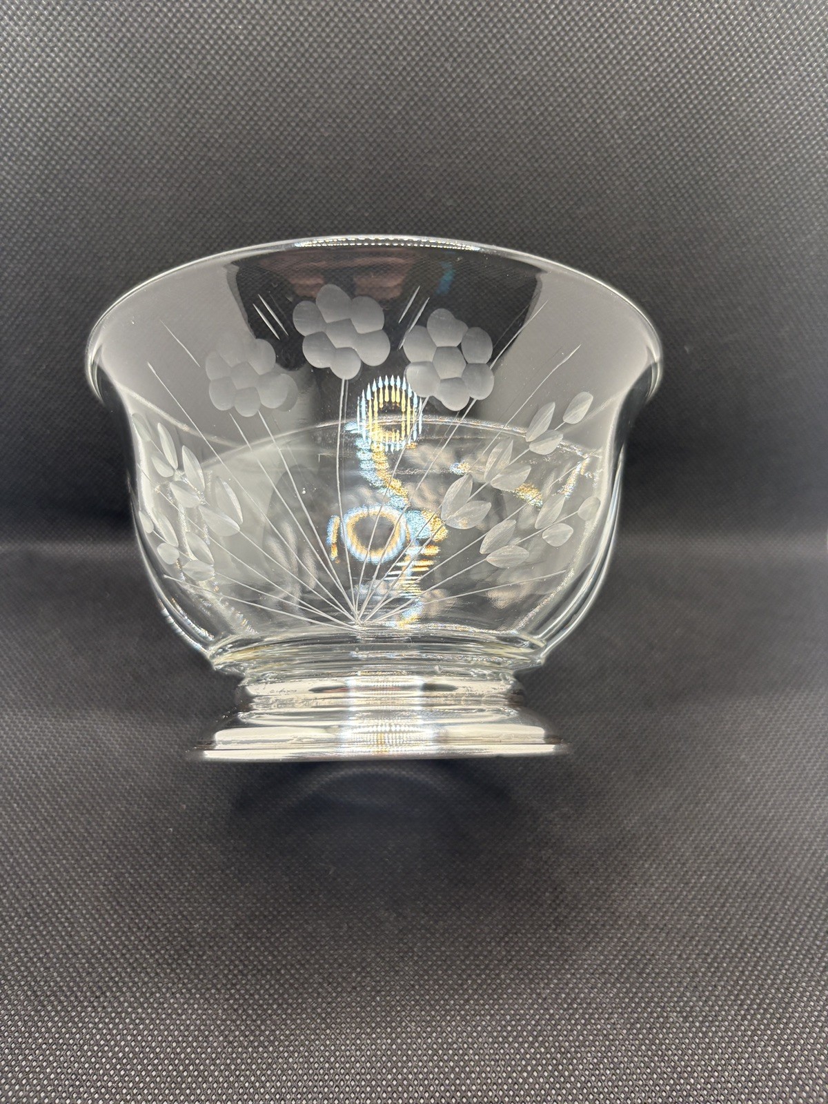 Floral Vintage Etched Glass Divided condiment Bowl with Sterling Silver Base