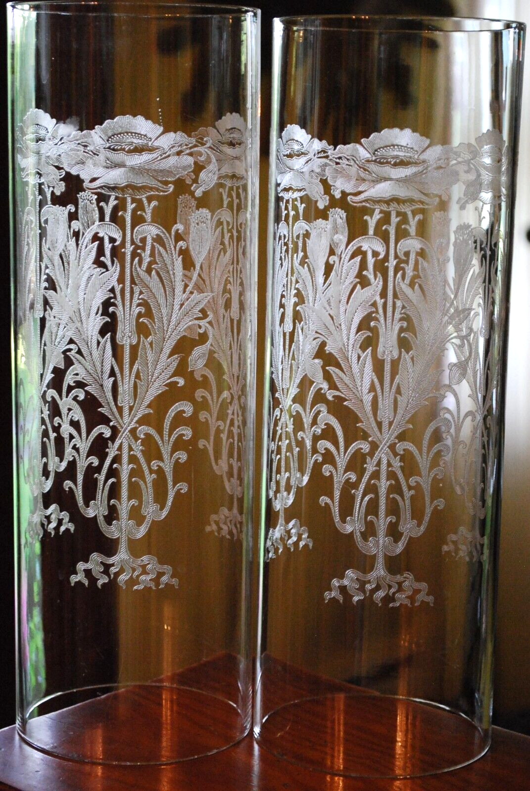 Set 2 TIFFIN FRANCISCAN Crystal Hurricane Lampshades FLANDERS CLEAR ETCH POPPIES