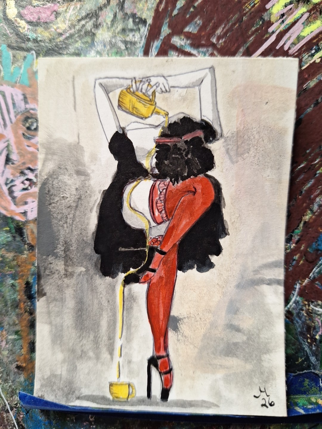 Woman Pouring Tea into Cup From Body  ACEO ATC OOAK ORIGINAL 3.5 x 2.5 inches