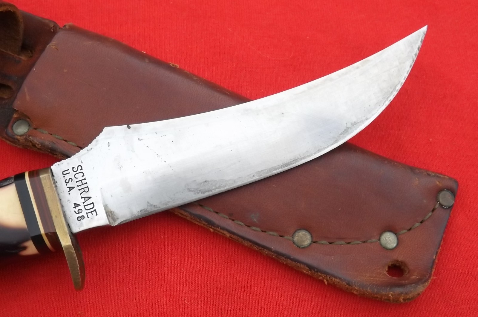 Vintage Schrade USA 498 49er Fixed Blade Knife N SHEATH CASE NICE USED SHAPE