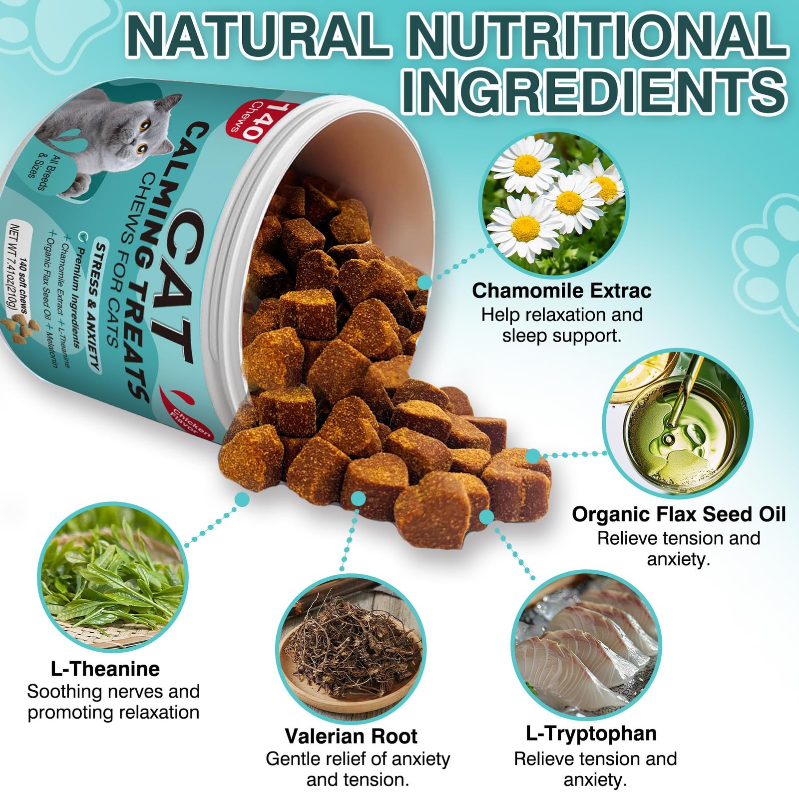 MNQAXZ Cat Calming Treats, 140 Soft Chews to Relieve Anxiety, Stress & 140