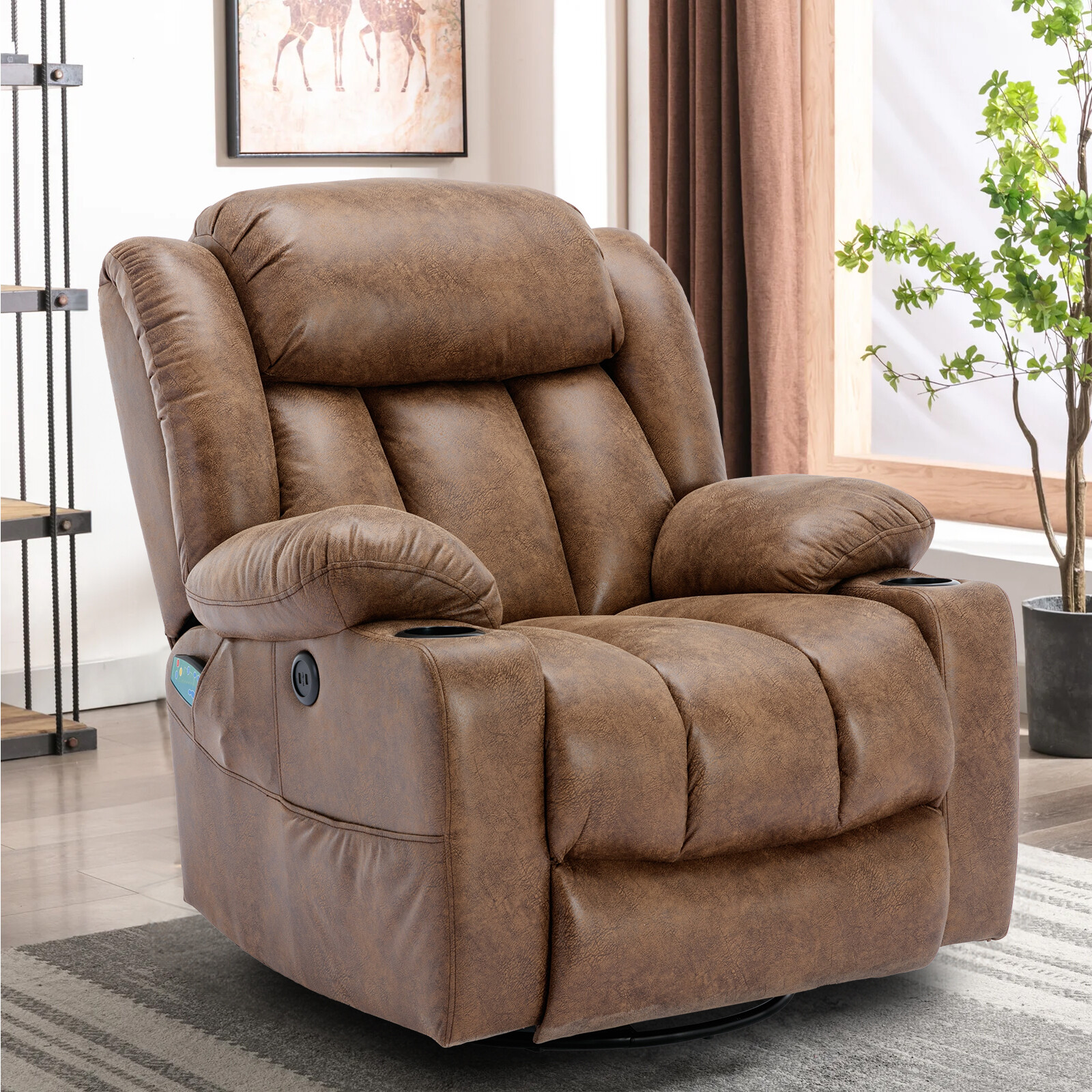 360° Swivel Overstuffed Manual Massage Glider Recliner with Heat and Vibration