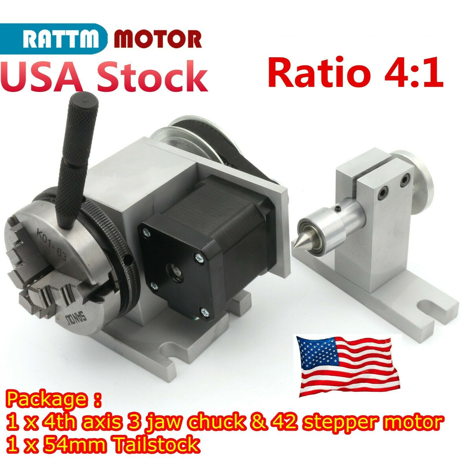 【US】 CNC Router Rotary Table 4:1 Rotation 4th Axis 3 Jaw 65mm Chuck w/ Tailstock